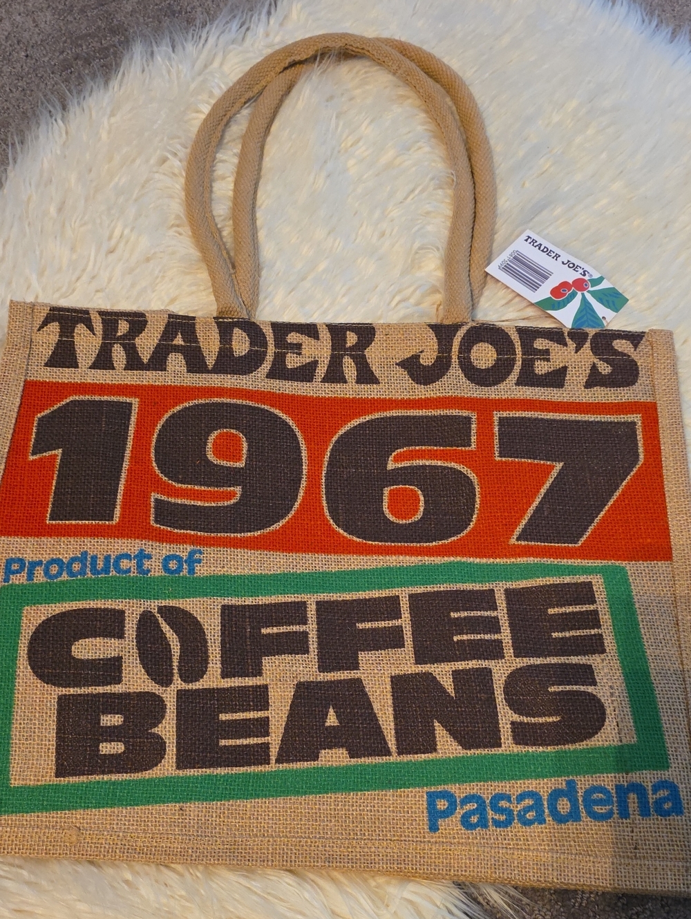 Trader Joe's Burlap Tote Bag - Natural with Red, Green, Blue Graphics